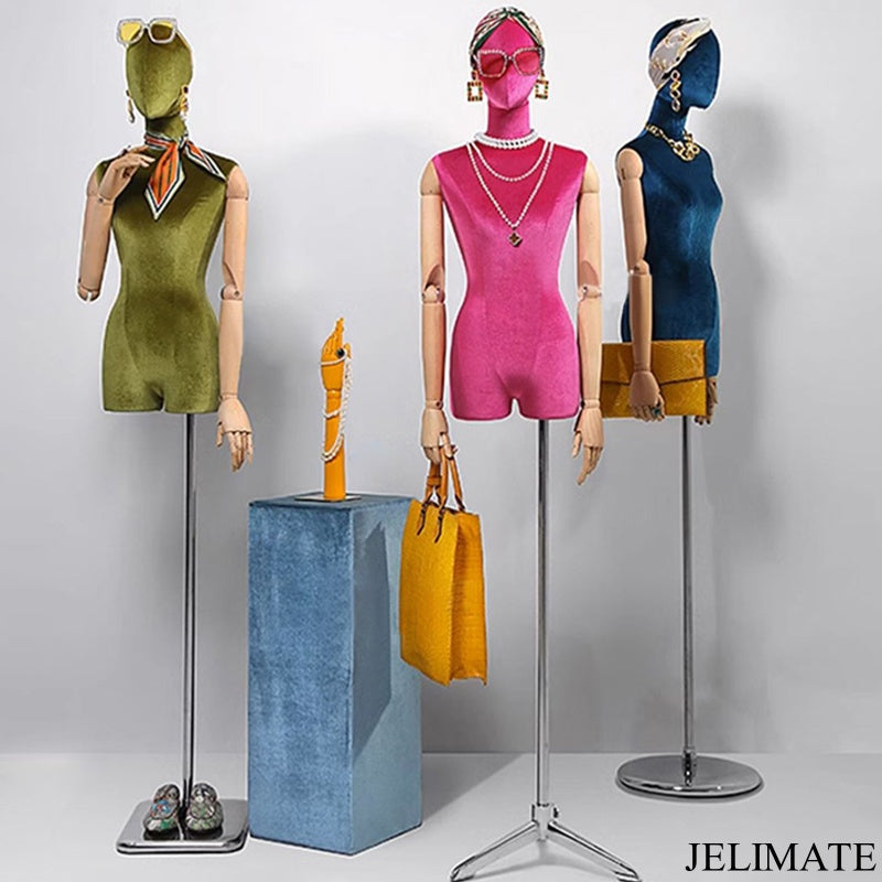 Boost Sales and Style: Why JELIMATE Colorful Velvet Mannequin Torso with Wooden Hands and Gold Square Base Is Perfect for High-End Boutique Stores