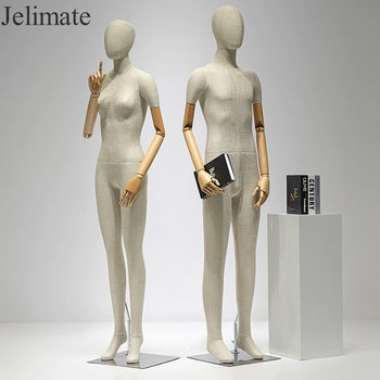 Jelimate Beige Female Hanging Wedding Dress Mannequin,Linen Fabirc Wedding Dress Form,Manikin Model for Bridal Gown Display,Half Body Hanging Manneuin With Hook And Chain for Wedding Dress Shop