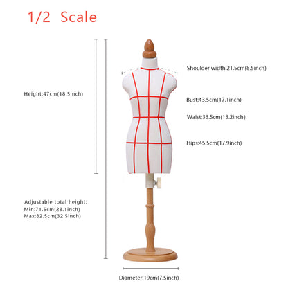 JELIMATE Female Half Scale Dress Form For Pattern Making,1/2 Or 1/3 Or 1/4 Scale Miniature Women Sewing Dress Form Mannequin,Fashion Designer And Fashion School Used Mini Tailor Mannequin For Teaching,Fully Pinnable Half Size Scale Form