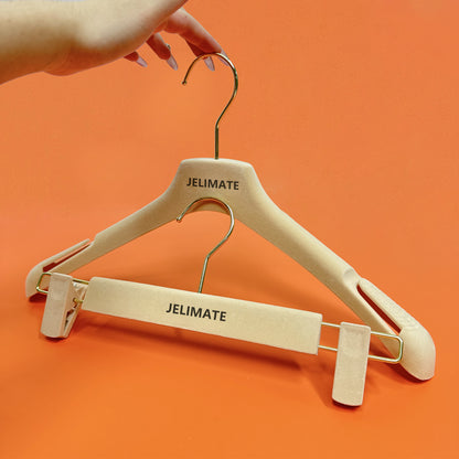 Jelimate Beige Velvet Clothing Hanger/Pant Hanger,Hollow Shoulder Non-slip Flocking Plastic Hanger,Customize Logo Top Bottom Clips Hangers,Clothing Store Suit Shirt Dress Hanger Space Saving Clothes Display Rack