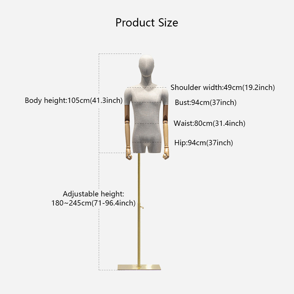 Jelimate Female Mannequin Torso,Grey Linen Mannequin Torso With Wooden Arms,Female Half Body Dress Form Mannequin,Clothing Store Window Display Mannequin,Bridal Shop Wedding Dress Mannequin JMFHB02