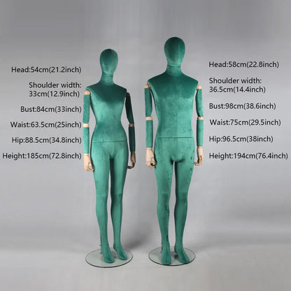 Jelimate Fashion Female Male Mannequin Full Body Dress Form,Window Display Colorful Velvet Dress Form Torso,Clothing Dress Form Manikin Head Wooden Arms