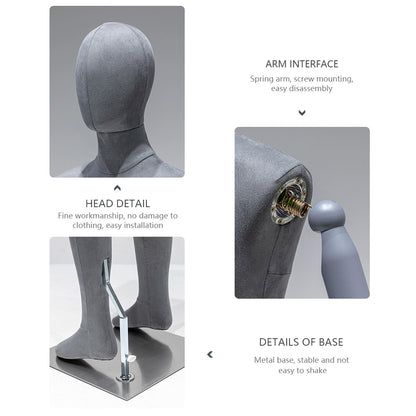 Fashion Full Body Adult Male Mannequin Torso Without/With Head,Grey Velvet Dress Form Model for Boutique Store Display,Manikin Torso with Wooden Arms