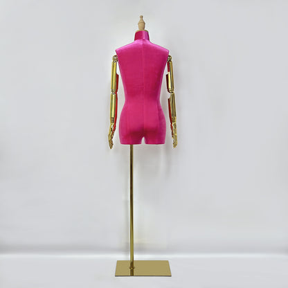 Jelimate High Quality Female Plus Size Mannequin With Gold Arms,Window Display Beige Pink Velvet Dress Form Torso,Women Clothing Store Clothing Display Model