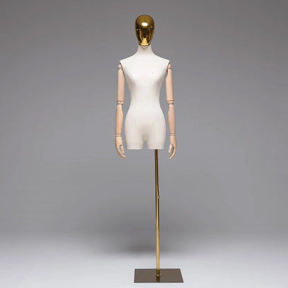 Jelimate Half Body Female Display Dress Form Torso,Linen Fabirc Wrapped Mannequin With Silver Gold Head,Beige Dress Form Clothing Display Model Props