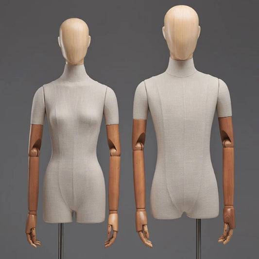 Jelimate Luxury Adult Female Male Dress Form Mannequin,Bamboo Linen Display Mannequin Torso with Wooden Head Arms,Fashion Clothing Display Model