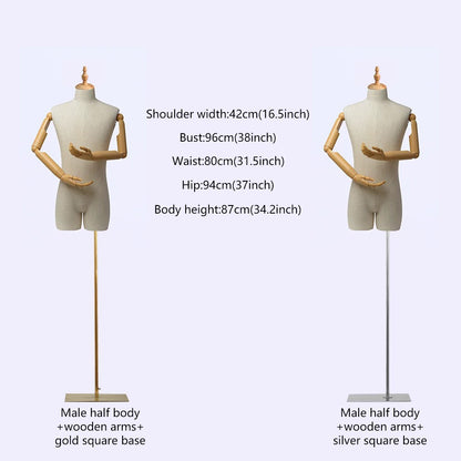 JELIMATE Half Body Male Mannequin Torso With Wooden Arms,Beige Linen Fabric Male Dress Form For Sewing,Suit Display Stand Clothing Display Mannequin Dummy