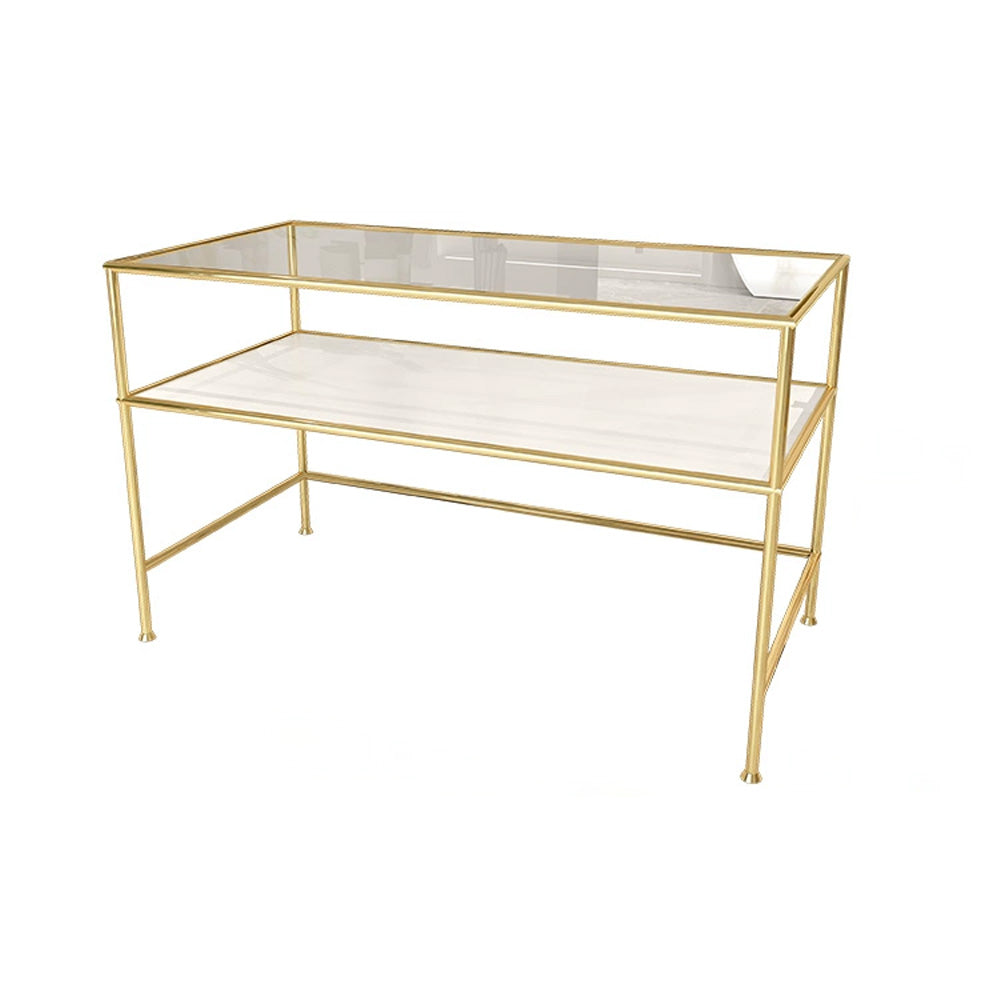 Jelimate High Quality Gold Display Shelf Furniture Stand Design for Garment Store Metal Clothing Display Rack Arc Clothing Display Stand Glass Desk Display Stand