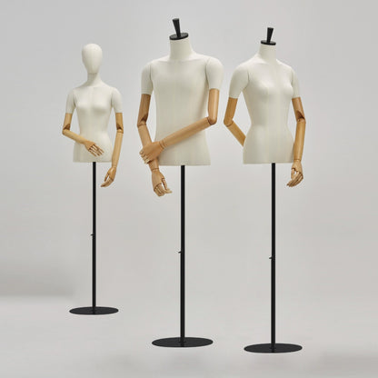 Jelimate Half Body Male Female Mannequin Torso Display,White Cotton Fabric Dress Form Torso with Tripod Base,Upper Torso Mannequin With Wooden Arms,Clothing Store Window Display Model Props