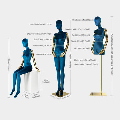 Jelimate Female Full Body,Half Body,Sitting Pose Dress Form Mannequin,Colorful Velvet Mannequin Torso With Gold Hands,Clothes Store Clothing Display Mannequin,Wig Head Manikin Female Display Dress Form Model