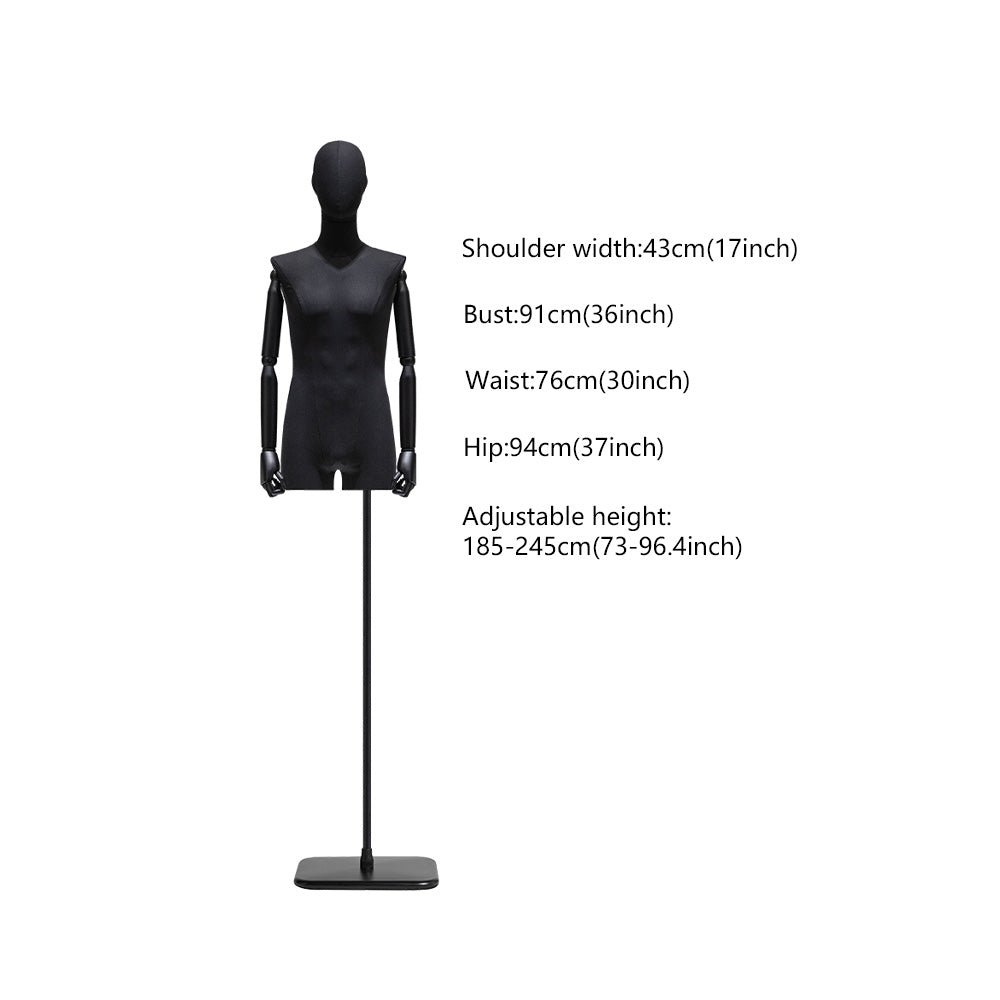 Jelimate Half Body Male Black Mannequin Torso Stand,Linen Fabric Wrapped Mannequin Dummy Head Wooden Arms,Men Dress Form Torso Clothing Display Model