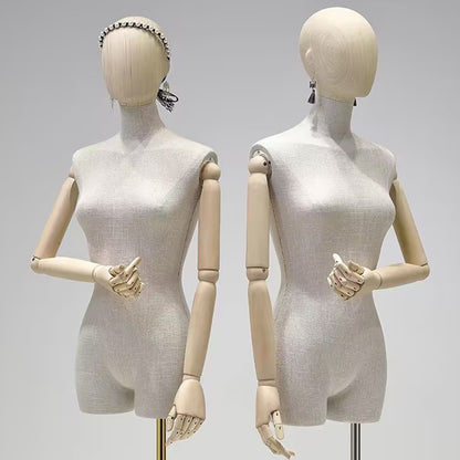 Jelimate High End Female Mannequin Torso With Wooden Arms,Grey Linen Dress Form Clothing Display Model Props,Wooden Mannequin Head with Earring Hole