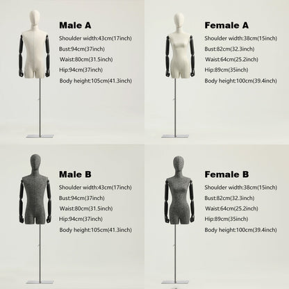 Jelimate Half Body Male Female Dress Form Torso,Natural Linen Fabric Covered Mannequin,Women Men Clothing Display Mannequin Torso With Wooden Arms