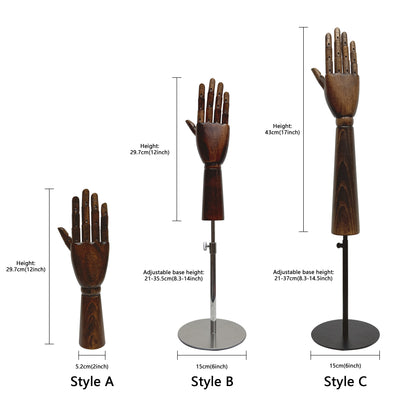 JELIMATE Vintage Brown Female Wooden Mannequin Hand Display Form,Women Right Hand Mannequin With Base,Sunglasses Ring Necklace Jewelry Display Hand Model Props