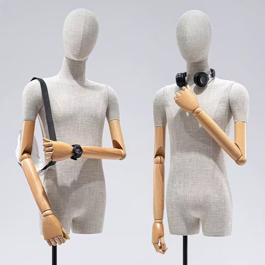 Jelimate Luxury Female Male Display Mannequin Torso with Short Thigh, Bamboo Linen Dress Form Torso,Clothing Display Model Wig Head Manikin Wooden Arms