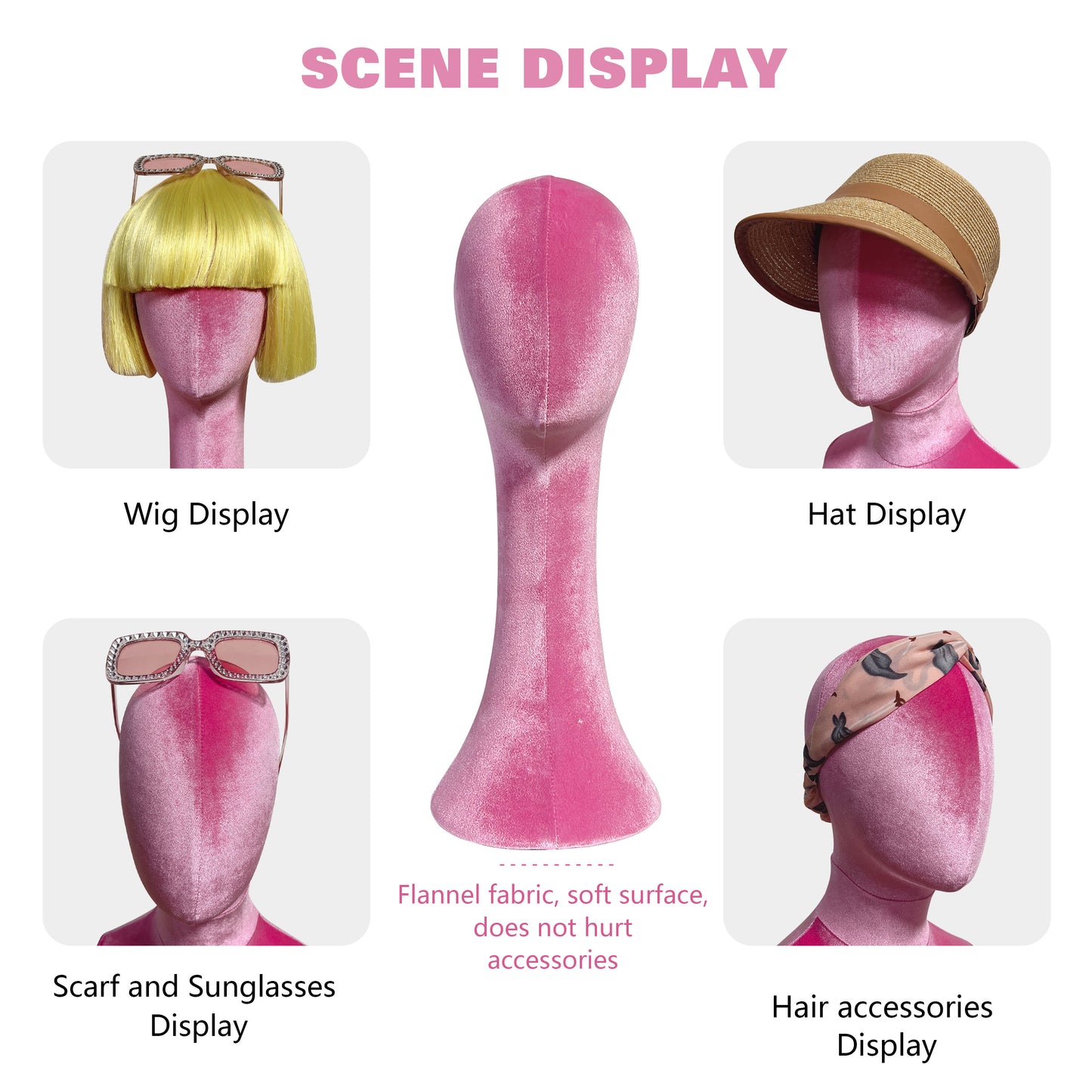 Jelimate Luxury Pink Mannequin Head Manikin,Fully Pinnable Velvet Dress Form Head Dummy,Hat Headband Sunglasses Jewelry Display Head Mannequin For Wigs