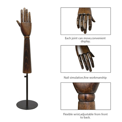 JELIMATE Vintage Brown Female Wooden Mannequin Hand Display Form,Women Right Hand Mannequin With Base,Sunglasses Ring Necklace Jewelry Display Hand Model Props