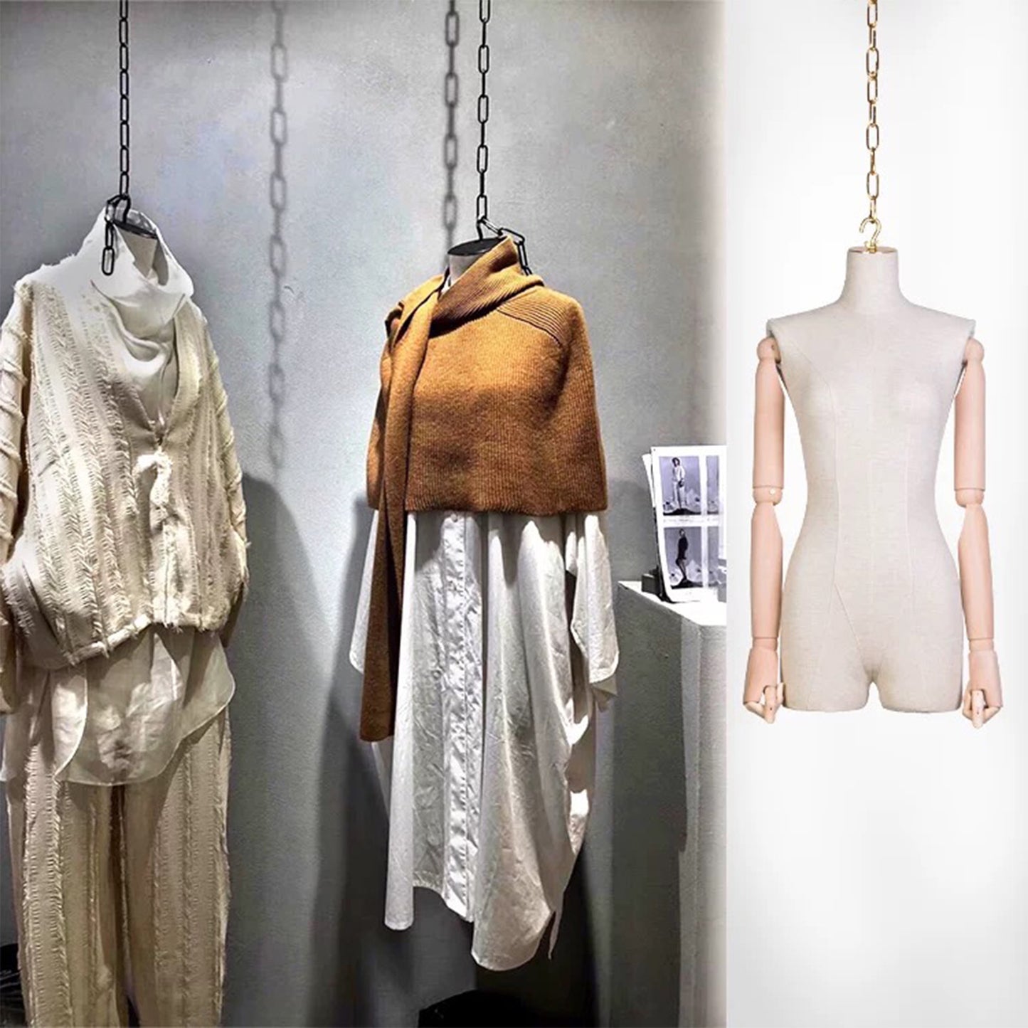 Jelimate Beige Female Hanging Wedding Dress Mannequin,Linen Fabirc Wedding Dress Form,Manikin Model for Bridal Gown Display,Half Body Hanging Manneuin With Hook And Chain for Wedding Dress Shop