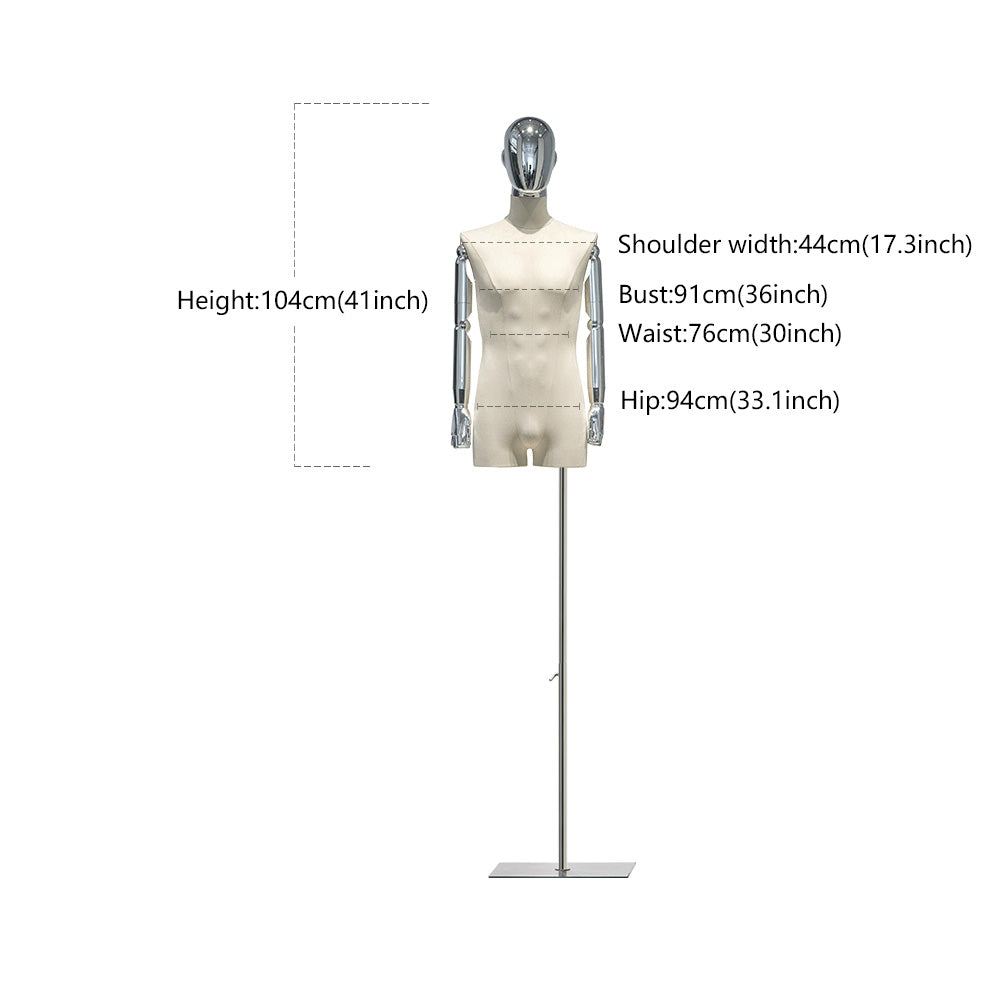 Jelimate Half Body Male Mannequin Torso With Silver Gold Head,Grey Black Beige Velvet Dress Form Dummy,Clothing Display Mannequin Body Stand Manikin