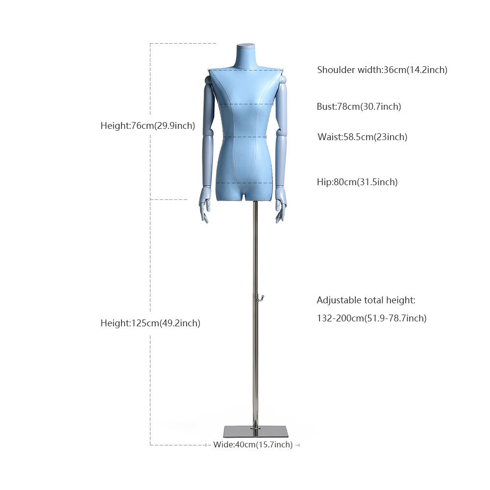 Jelimate Luxury Window Leather Half Body Female Dress Form Mannequin Upper Body Silver Square Base Women Clothing Display Mannequin Torso with Wooden Hand