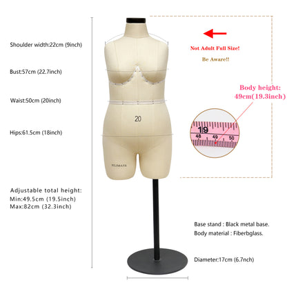 Jelimate Female Half Scale Dress Form,1:2 Miniature Dress Form For Sewing Mannequin Dressmaker Dummy,1/2 Scale Tailor Dress Form Mannequin for Draping,Size 20 Mini Female Plus Size Mannequin With Black Base