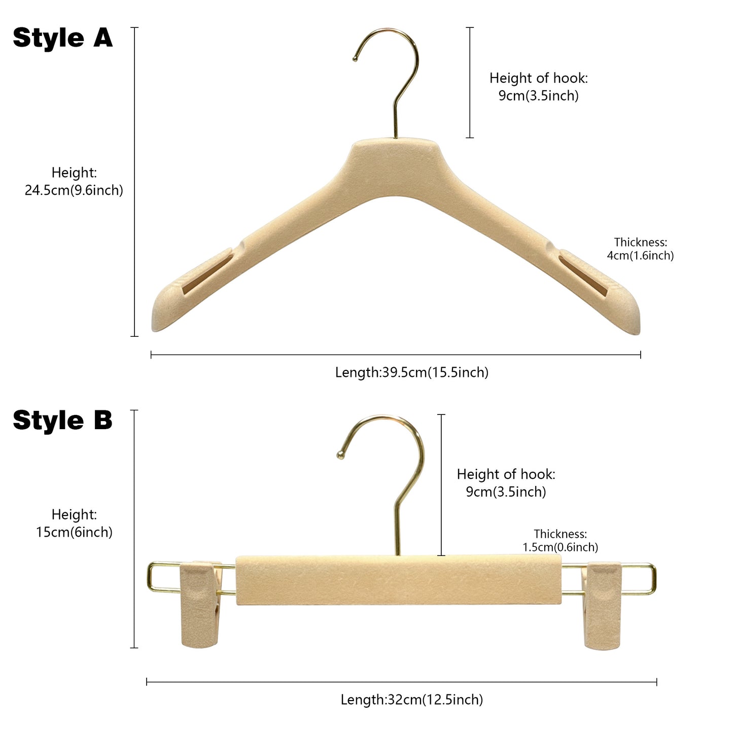 Jelimate Beige Velvet Clothing Hanger/Pant Hanger,Hollow Shoulder Non-slip Flocking Plastic Hanger,Customize Logo Top Bottom Clips Hangers,Clothing Store Suit Shirt Dress Hanger Space Saving Clothes Display Rack