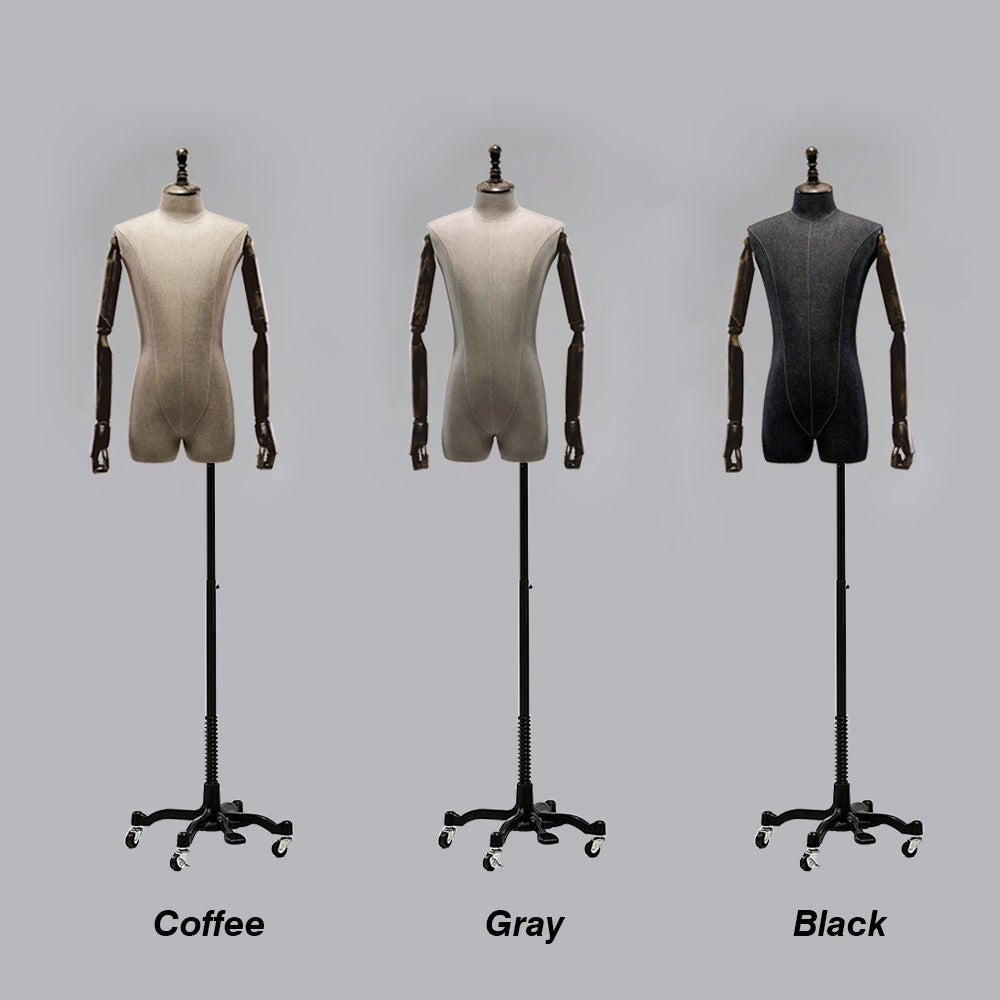 Jelimate Clothing Shop Coffee Gray Black Male Mannequin Torso,Men Display Model With Wooden Head Cap and Base,Clothing Display Mannequin Torso Dress Form Model