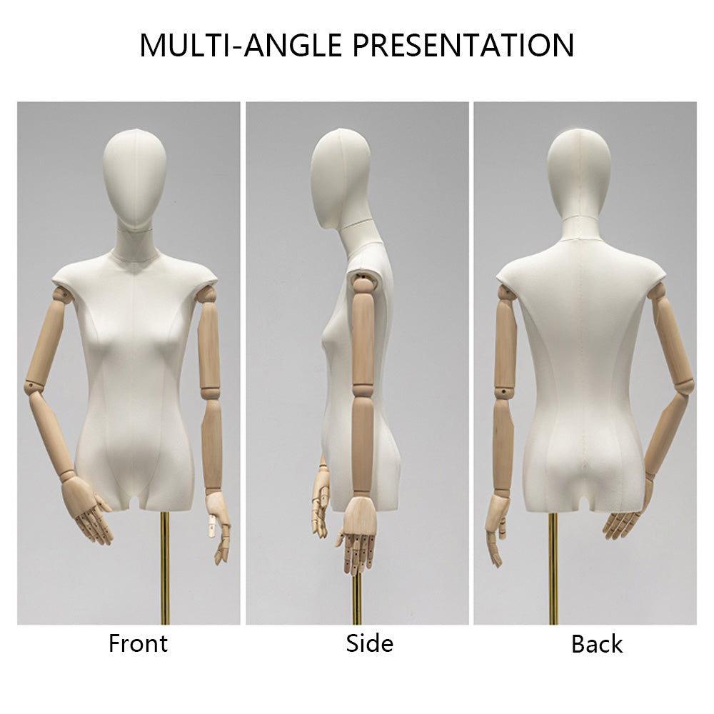 Jelimate Luxury Beige Mannequin Torso Female,Window Display Fabric Dress Form Mannequin with Flexible Wood Arms,Women Dress Form for Clothing Display