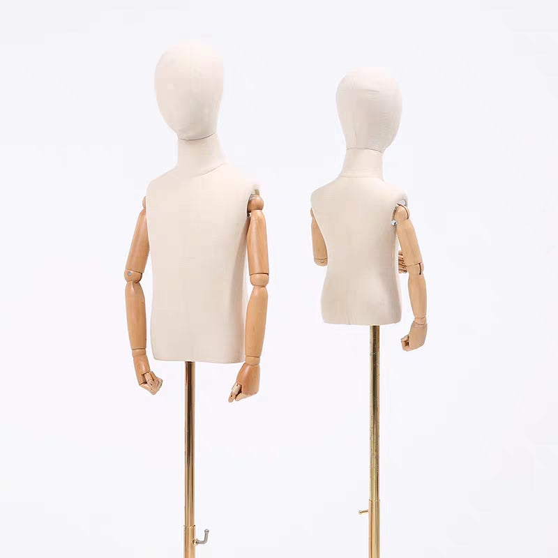 Jelimate Child Mannequin Dress Form Torso,Beige Dress Form Kid Mannequin Torso With Gold Base,Kid Half Body Model Unisex Children Mannequin,Clothing Store Fashion Baby Mannequin Kid Model Props,Upper Torso Manikin Body With Wooden Arms