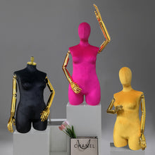 Load image into Gallery viewer, JM375 Adult Female Plus Size Mannequin Torso Display Dummy,Luxury Colorful Velvet Dress Form for Clothing Display,Wig Head Manikin Gold Arms
