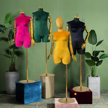 Load image into Gallery viewer, JM375 Adult Female Plus Size Mannequin Torso Display Dummy,Luxury Colorful Velvet Dress Form for Clothing Display,Wig Head Manikin Gold Arms
