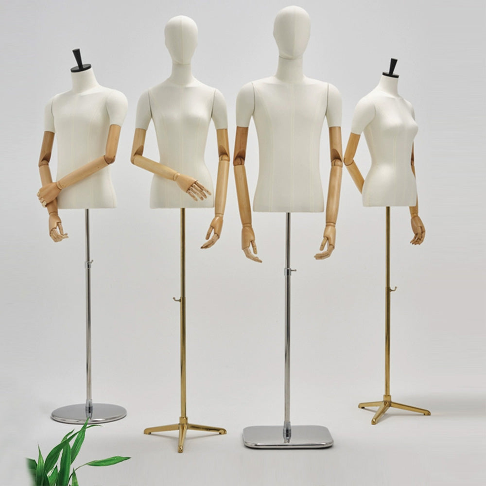 Jelimate Half Body Male Female Mannequin Torso Display,White Cotton Fabric Dress Form Torso with Tripod Base,Upper Torso Mannequin With Wooden Arms,Clothing Store Window Display Model Props