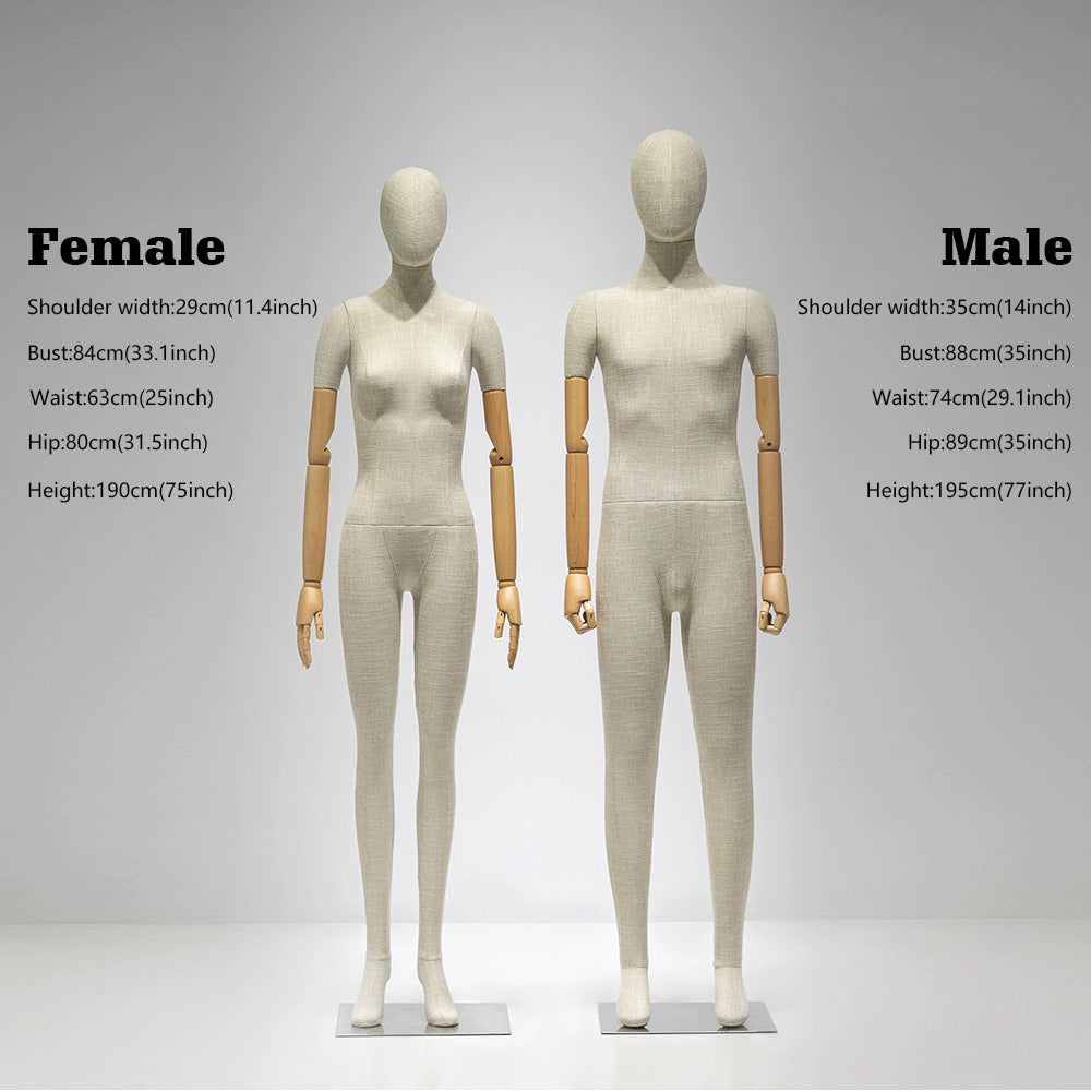 Jelimate Boutique Store Female Full Body Mannequin,Men Full Body Dress Form Model Bamboo Linen Dress Form,Luxury Clothing Display Mannequin with Wooden Arms