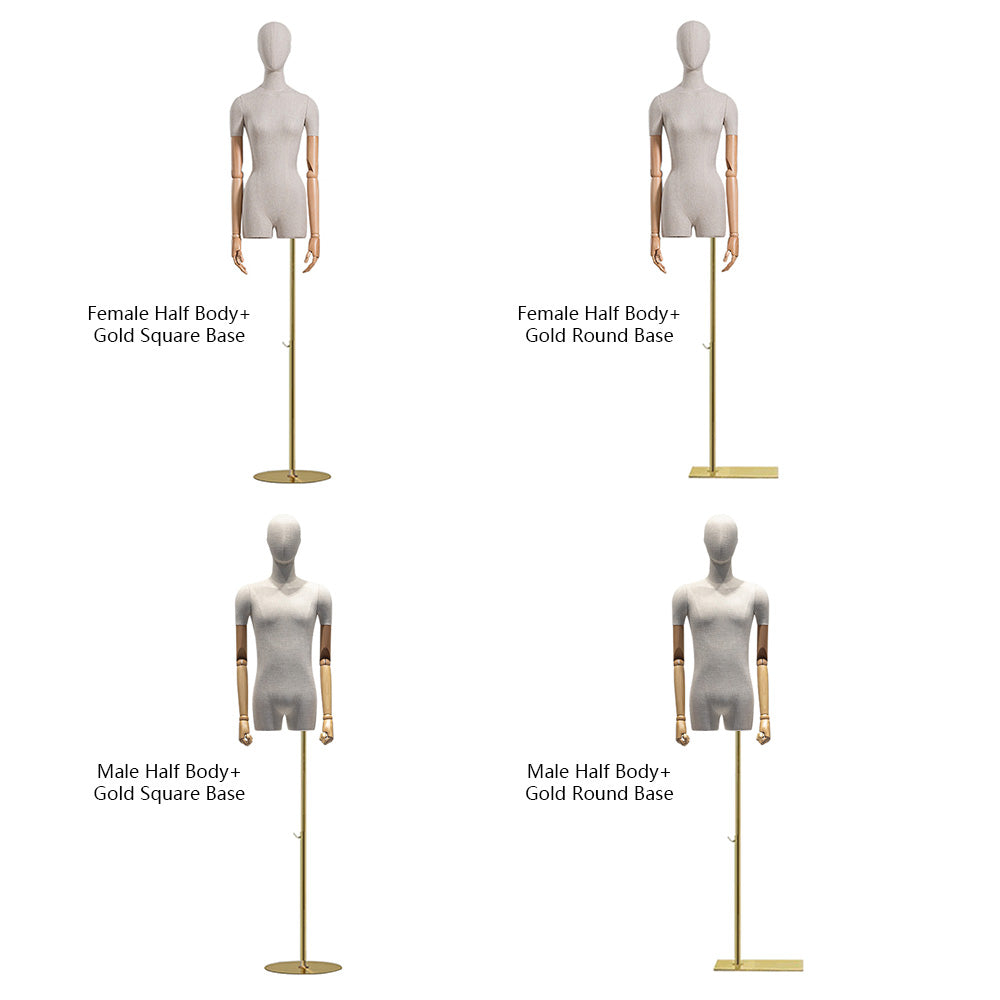 Jelimate Luxury Female Male Display Mannequin Torso with Short Thigh, Bamboo Linen Dress Form Torso,Clothing Display Model Wig Head Manikin Wooden Arms