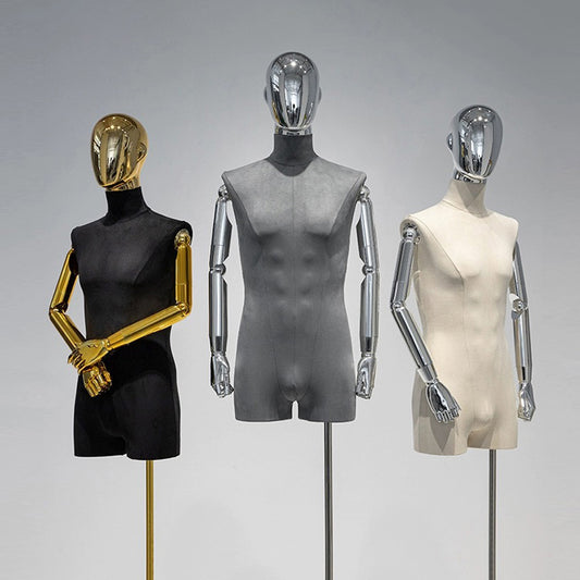 Jelimate Half Body Male Mannequin Torso With Silver Gold Head,Grey Black Beige Velvet Dress Form Dummy,Clothing Display Mannequin Body Stand Manikin