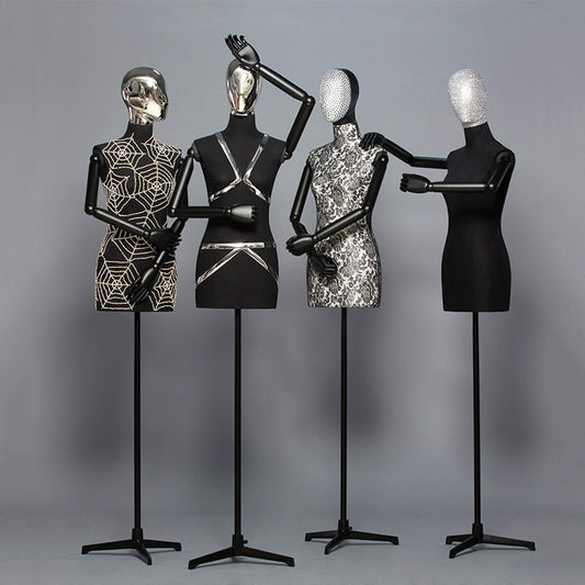 Jelimate Torso di manichino Fabirc personalizzato con testa, busto di forma di abito femminile con braccia in legno nero, forma di abito di abbigliamento per vetrina supporto per treppiede nero