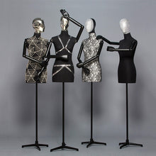 Lade das Bild in den Galerie-Viewer, Jelimate Custom Fabirc Mannequin Torso With Head,Female Dress Form Torso With Black Wooden Arms,Window Display Clothing Dress Form Black Tripod Stand
