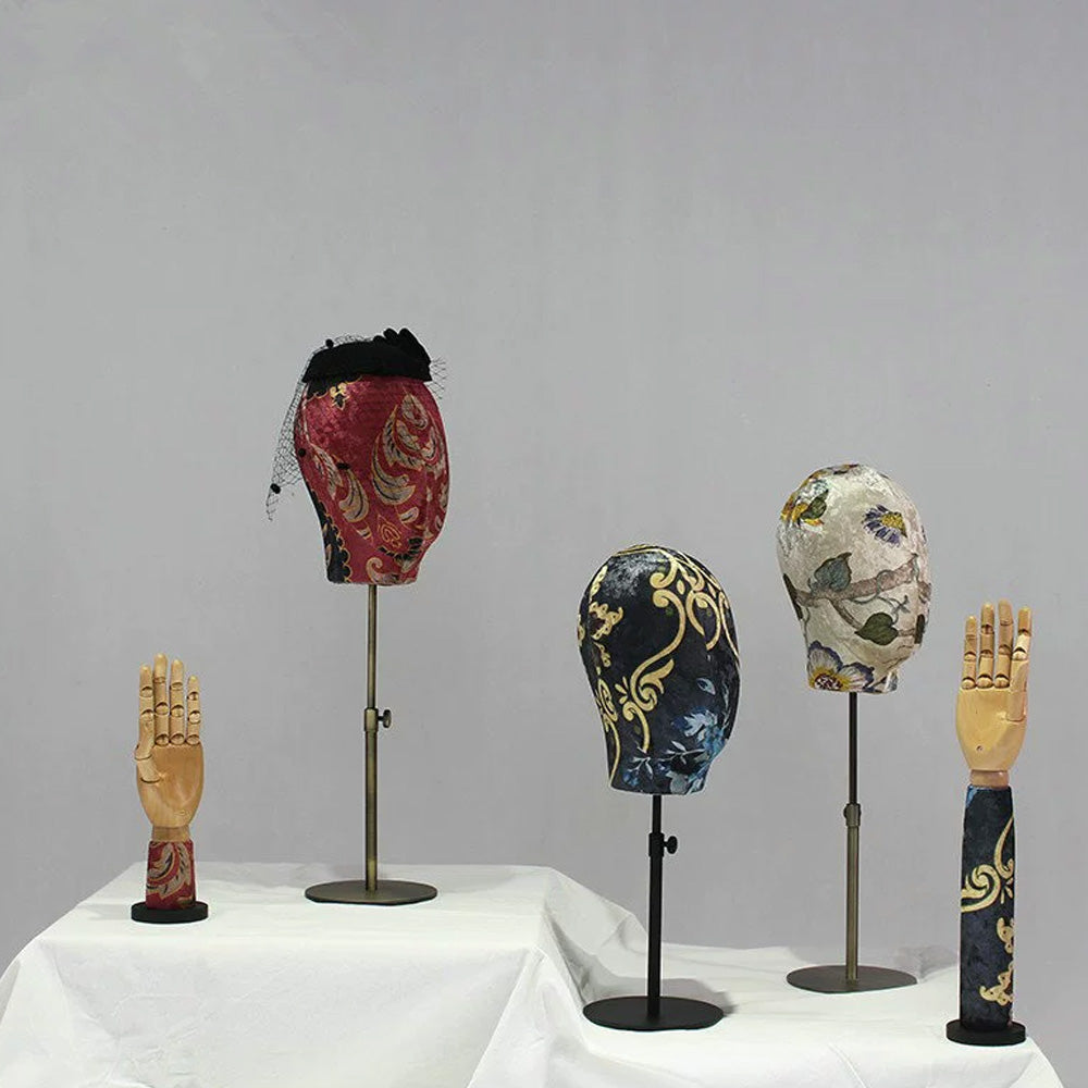 Jelimate Supporto per testa di manichino in tessuto stampato, testa di parrucca per vestito, testa di visualizzazione per cappello, mano di manichino in legno per esposizione di gioielli
