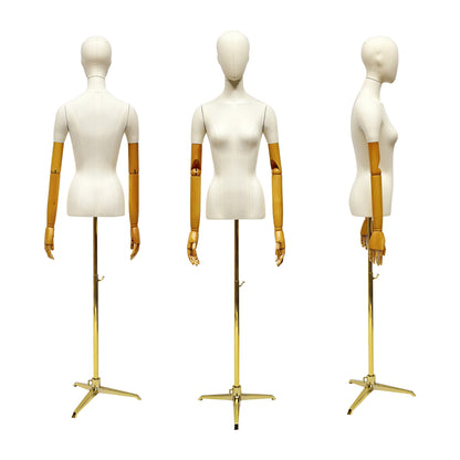 Jelimate Half Body Male Female Mannequin Torso Display,White Cotton Fabric Dress Form Torso with Tripod Base,Upper Torso Mannequin With Wooden Arms,Clothing Store Window Display Model Props