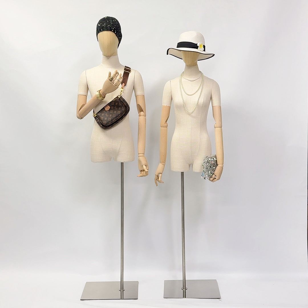 Jelimate Luxury Male Female Mannequin Torso With Wooden Head Arms,Linen Dress Form Clothing Display Model,Window Dress Form Wedding Dress Mannequin