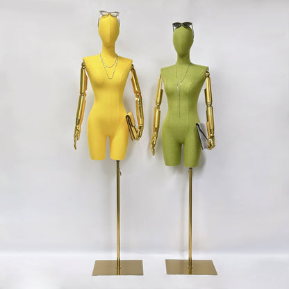 Jelimate Fashion Clothing Store Female Mannequin Torso with Gold Hands,Clothing Shop Linen Fabric Covered Mannequin,Half Body Women Dress Form Adjustable