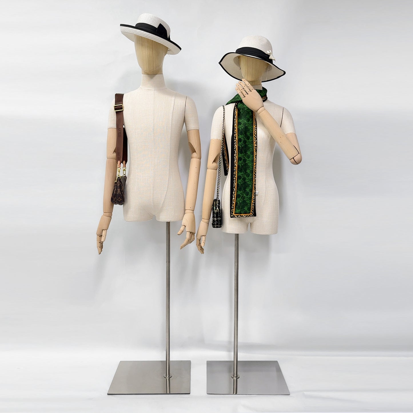 Jelimate Manichino di lusso per donna adulta maschile, manichino da esposizione in lino di bambù con braccia in legno, modello di esposizione di abbigliamento alla moda