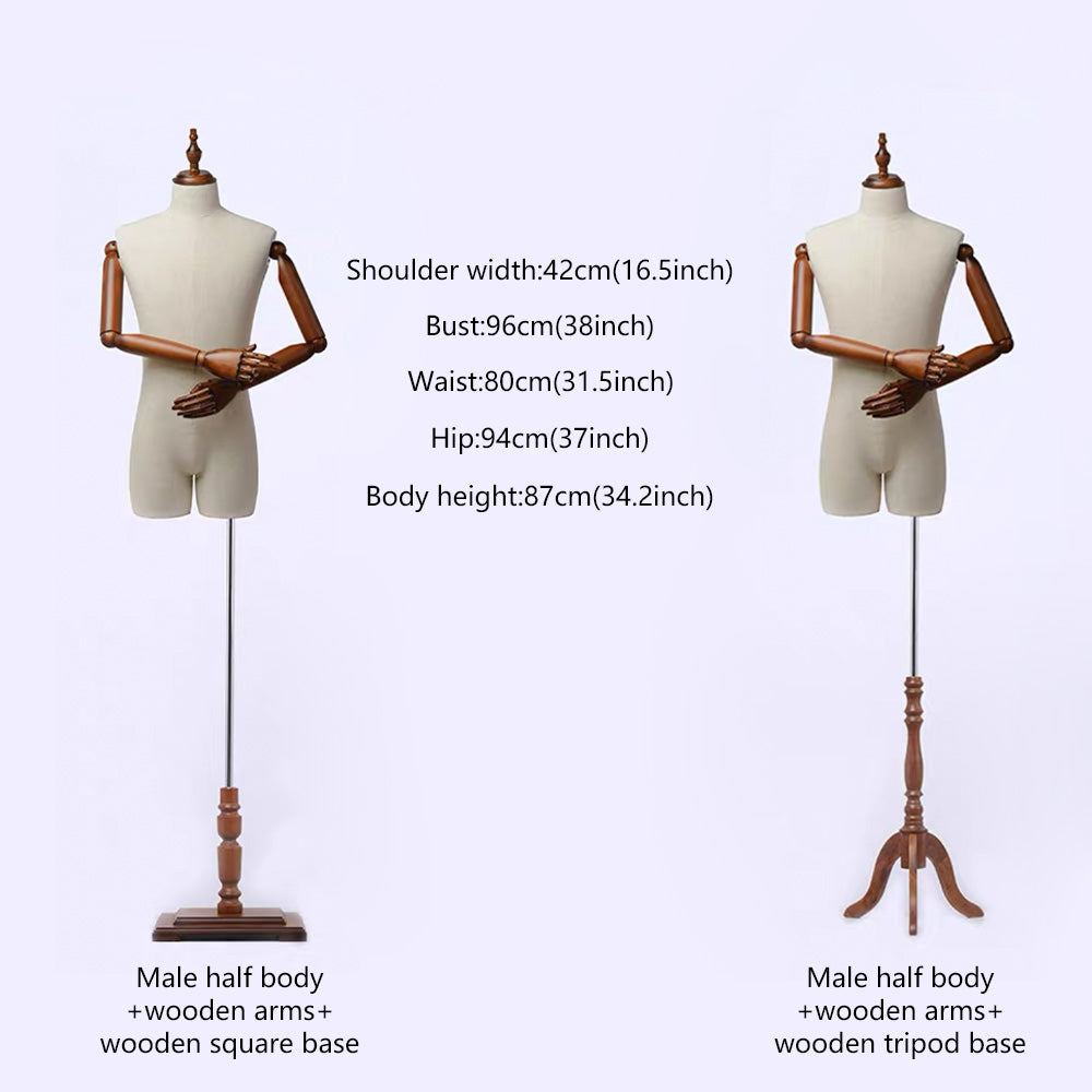 JELIMATE Half Body Male Mannequin Torso With Wooden Arms,Beige Linen Fabric Male Dress Form For Sewing,Suit Display Stand Clothing Display Mannequin Dummy