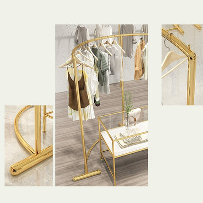 Jelimate High Quality Gold Display Shelf Furniture Stand Design for Garment Store Metal Clothing Display Rack Arc Clothing Display Stand Glass Desk Display Stand