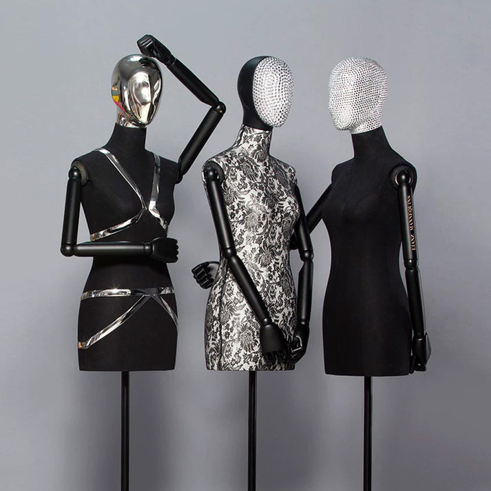 Jelimate Custom Fabirc Mannequin Torso With Head,Female Dress Form Torso With Black Wooden Arms,Window Display Clothing Dress Form Black Tripod Stand