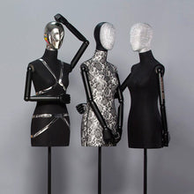 Lade das Bild in den Galerie-Viewer, Jelimate Custom Fabirc Mannequin Torso With Head,Female Dress Form Torso With Black Wooden Arms,Window Display Clothing Dress Form Black Tripod Stand
