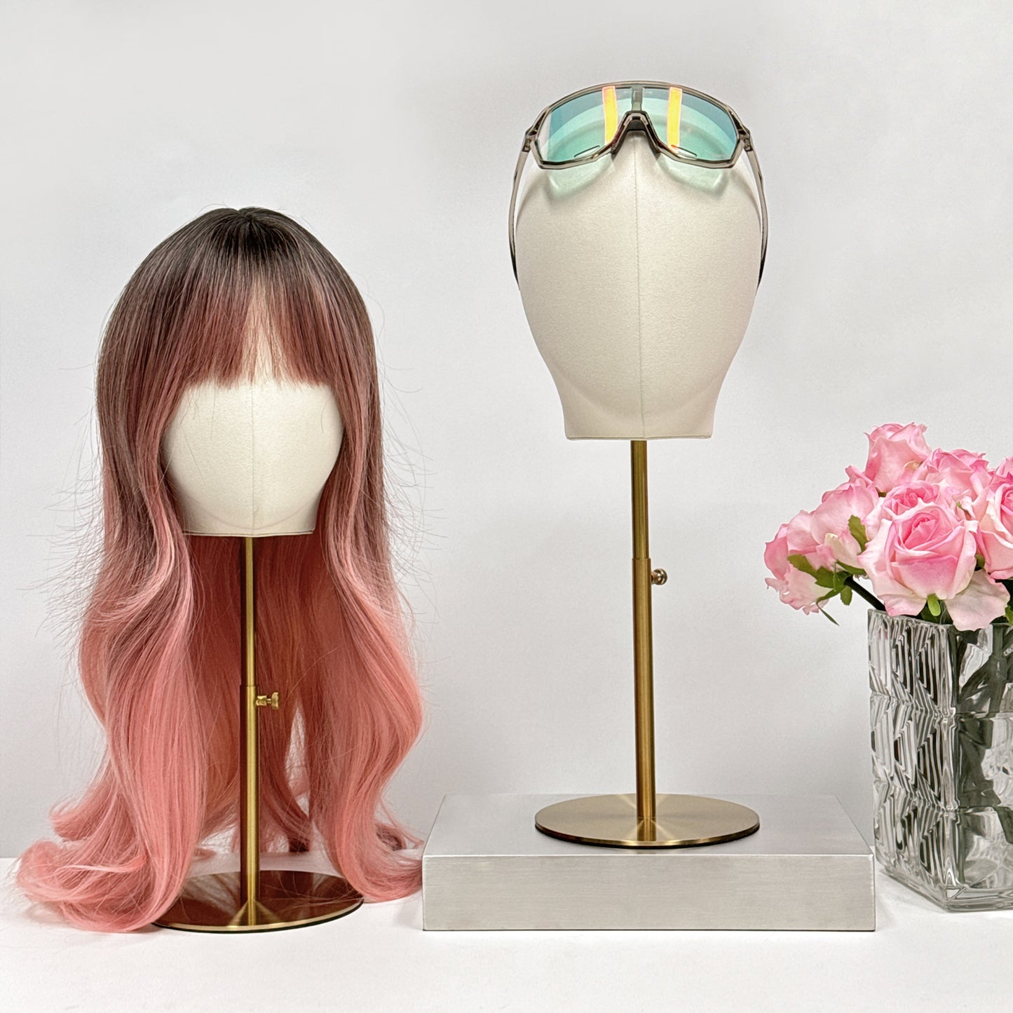 Jelimate Luxury Beige Microfiber Male Female Mannequin Head Dress Form,Headband Sunglasses Hat Display Head Mannequin With Gold Round Base,Wig Store Wig Display Head Display Model Props