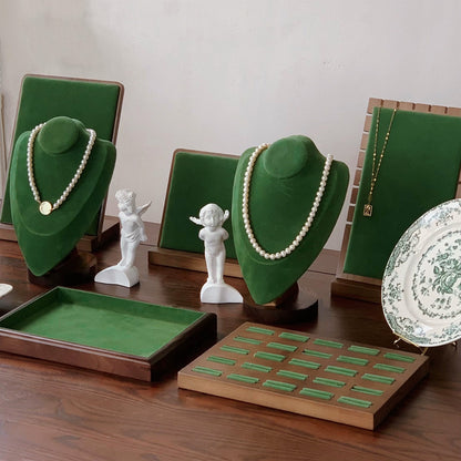 Jelimate Luxury Jewellery Store Showcase Cabinet Green Velvet Jewelry Display Stand Display Exhibition Necklace Bust Earring Bracelet Ring Jewelry Display Set