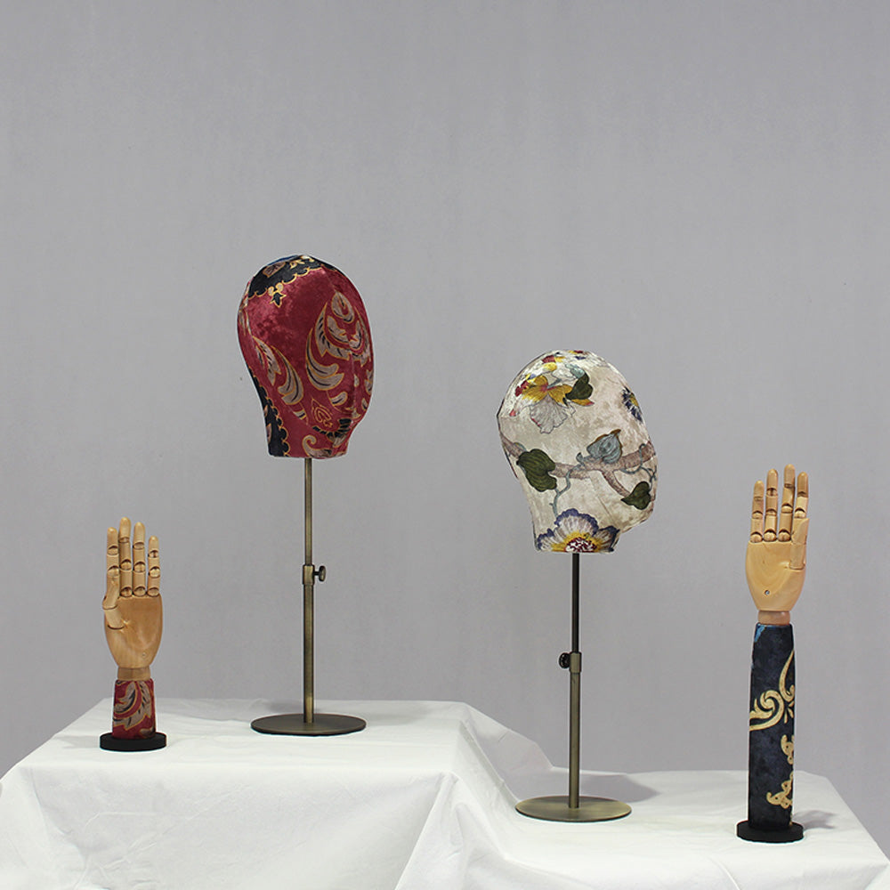 Jelimate Supporto per testa di manichino in tessuto stampato, testa di parrucca per vestito, testa di visualizzazione per cappello, mano di manichino in legno per esposizione di gioielli
