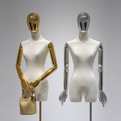 Torso de maniquí femenino de tamaño adulto de color beige de Jelimate con o sin cabeza, maniquí de vestir para mujer para exhibición en escaparates, modelo de hombros con manos plateadas y doradas